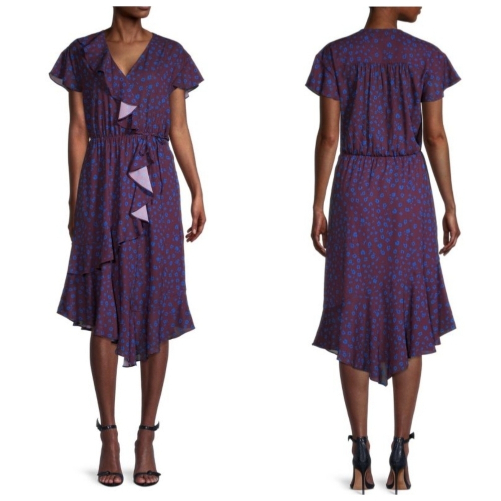 Parker Floral Wrap‎ Midi Dress Ruffle Asymmetrical Hem Purple Blue Size M